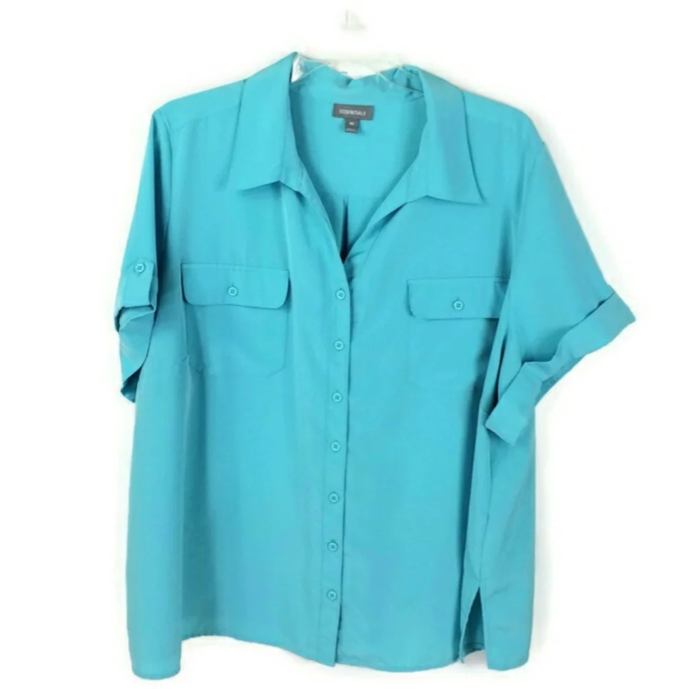 Essentials Blue Button Front Short Cuffed Sleeve Career Blouse Womens 4X - Picture 2 of 13